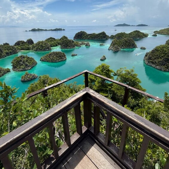 Una terraza de madera con vistas a aguas turquesas y pequeñas islas. 5