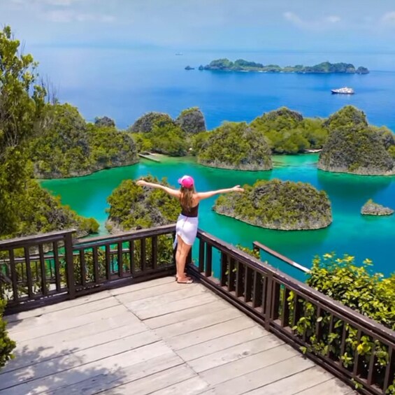 Una persona de pie en una terraza de madera con vista a aguas turquesas y a islas verdes. 3