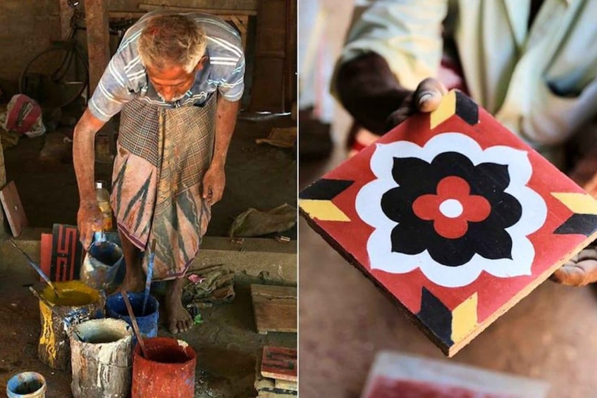 Iemand schildert een geometrisch patroon op een houten ondergrond. 5