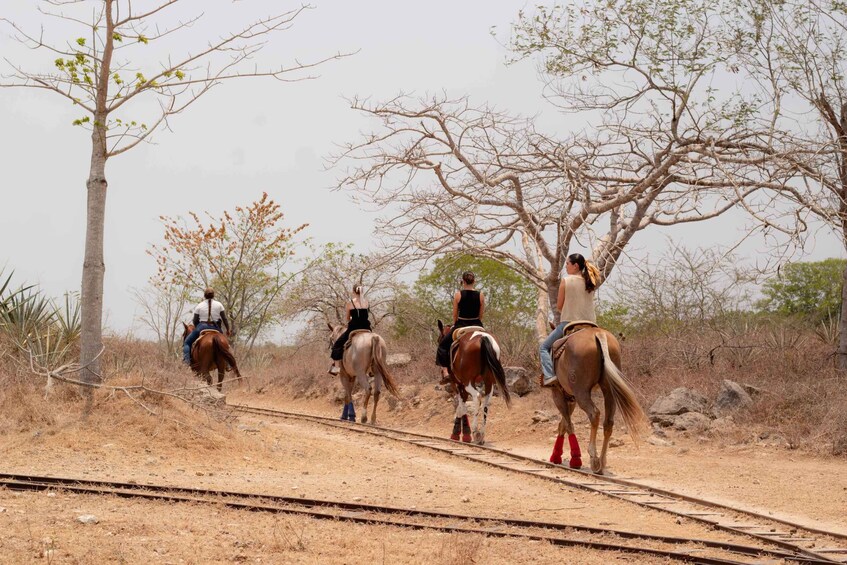 Three people riding horses on a dirt path beside railway tracks. 5