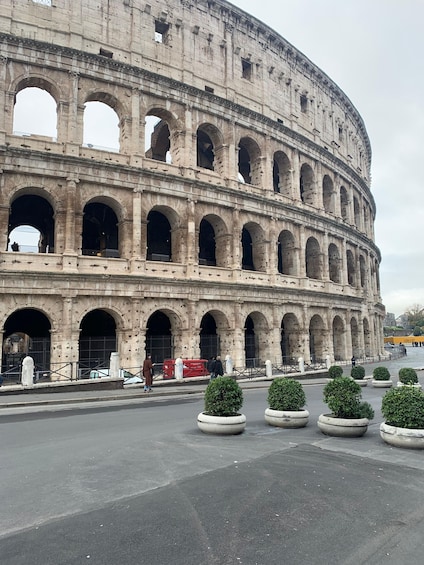El Coliseo con múltiples arcos y un área pavimentada con plantas en macetas en primer plano. 3