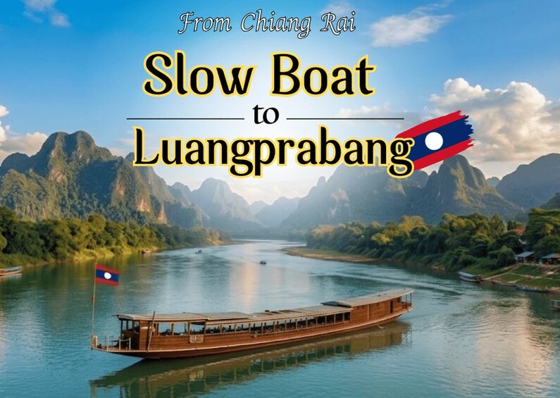 A slow boat on a river with mountains in the background and a flag. 1