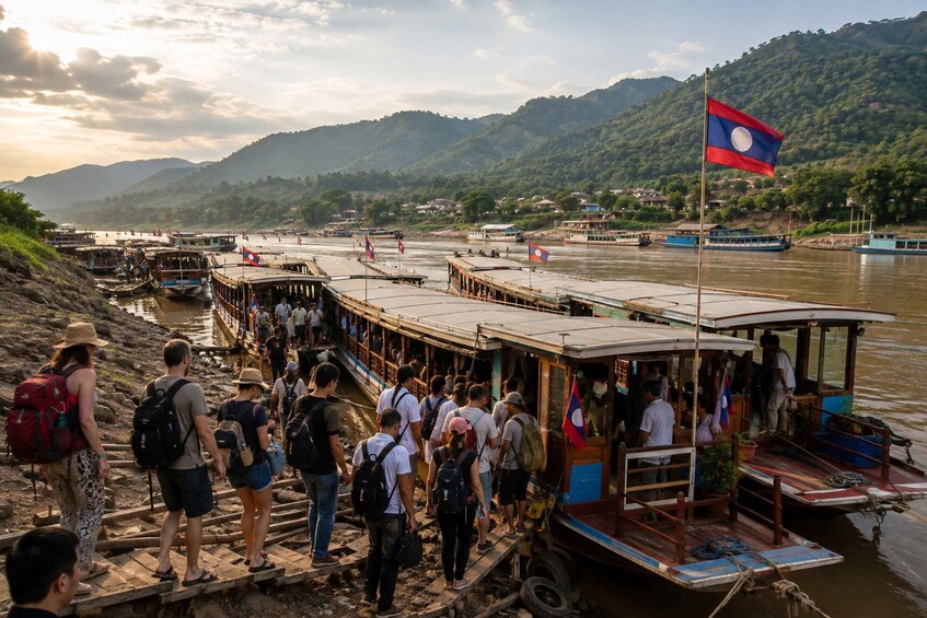 A river with boats and people boarding. 5