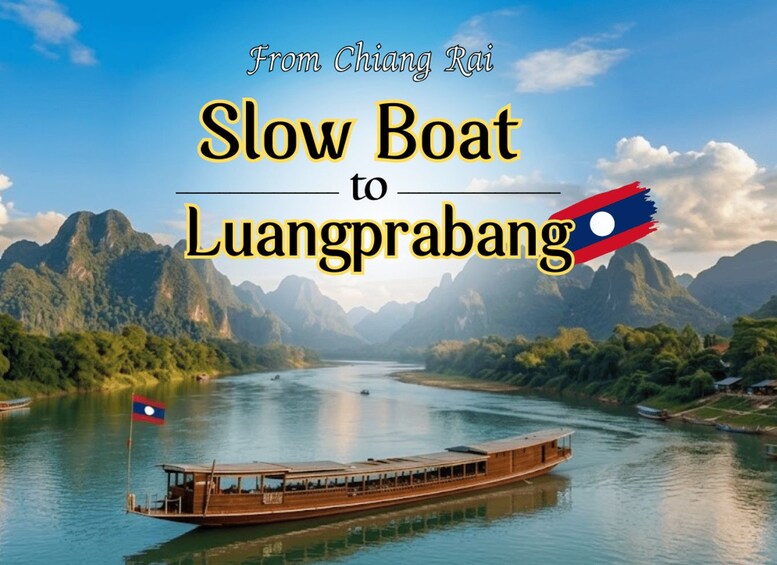 A slow boat on a river with mountains in the background. 3