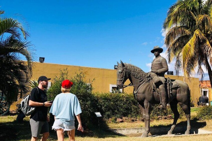 A statue of a man on a horse, a building, and a palm tree. 2