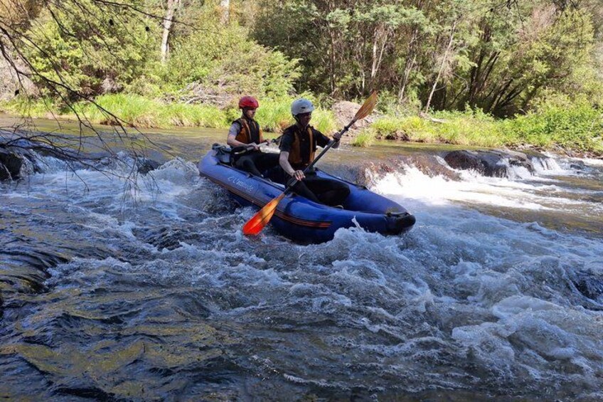 Two people kayaking on a river surrounded by greenery. 3