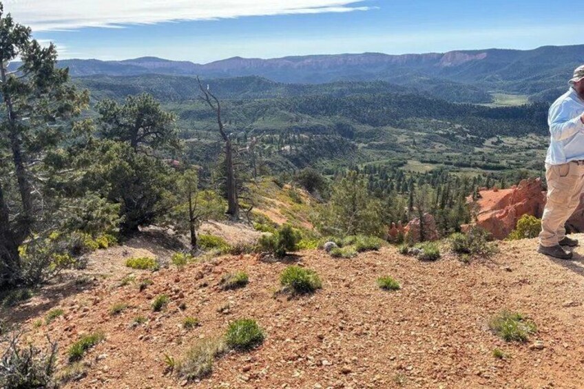 A hiker on a rocky outcrop overlooking a mountainous landscape with sparse vegetation. 3