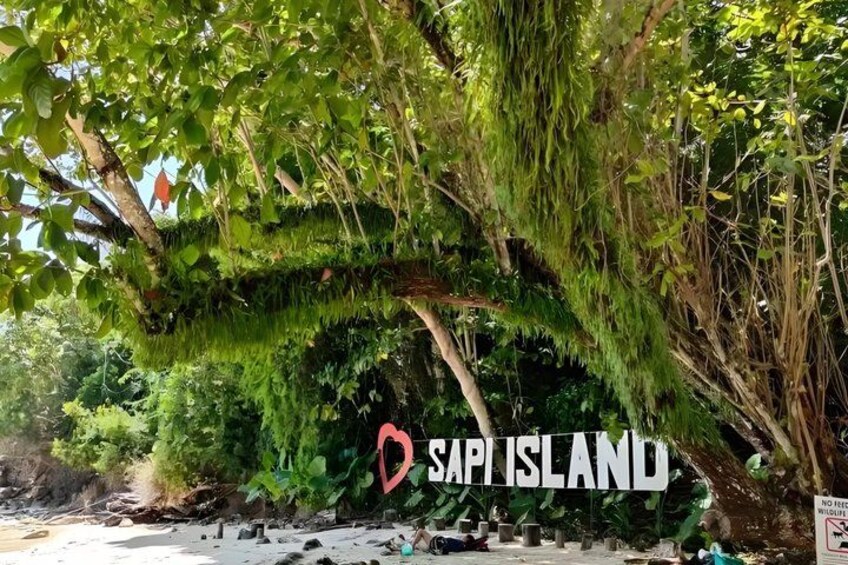 A sign with 'SAPI ISLAND' and a heart symbol, surrounded by lush greenery and trees. 4