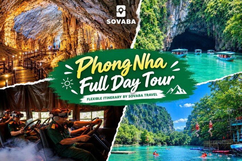 A cave with a waterfall, a river with boats, and a forested area. 1