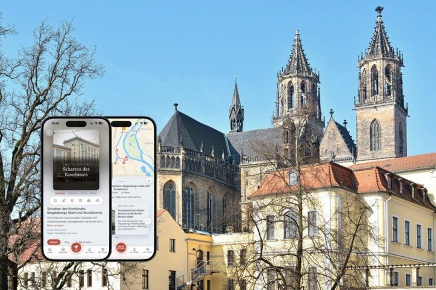 A historic building with two towers, a smartphone displaying a map, and a clear blue sky. 1