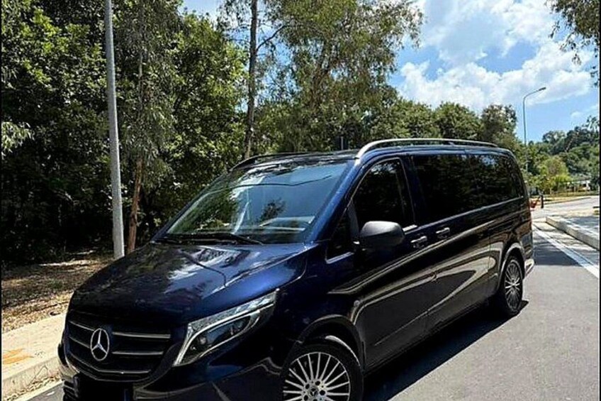 A black Mercedes-Benz minivan parked on a road with trees in the background. 1