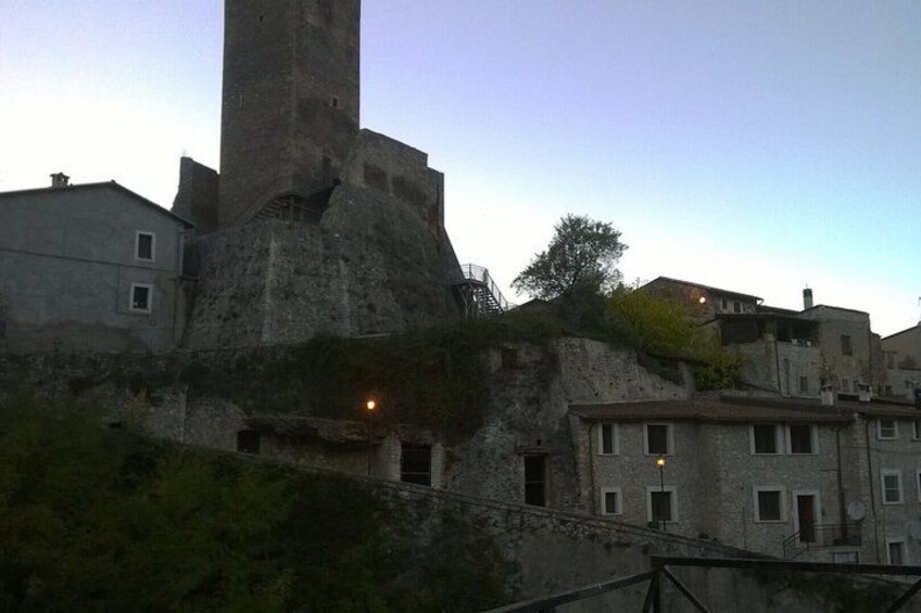A historic stone tower, a building with a sloped roof, and a tree. 5
