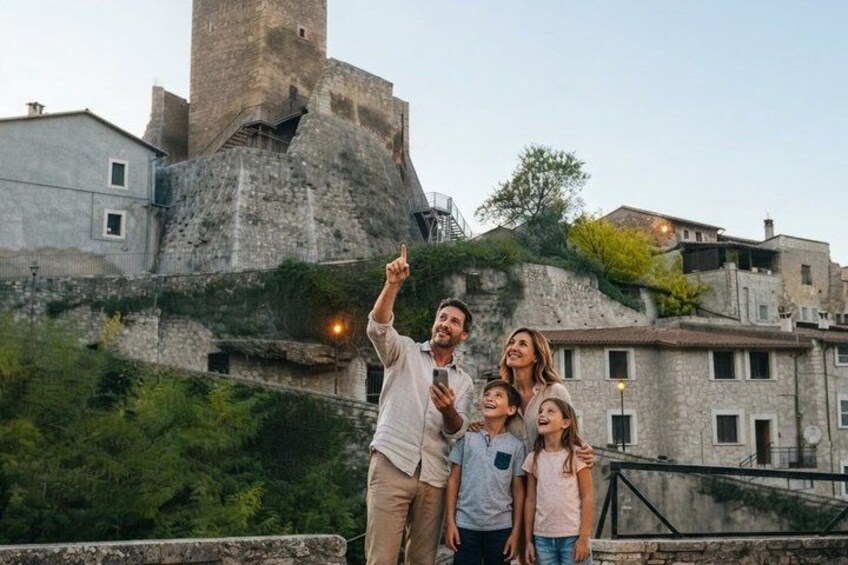 A family taking a photo in front of a historic stone tower with a cityscape in the background. 1