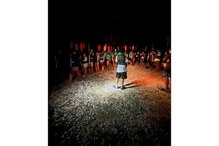 A person standing on a gravel path with a flashlight, surrounded by people holding red and green flags. 2