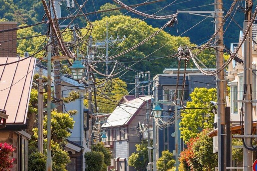 A residential area with houses, utility poles, and overhead power lines. 5