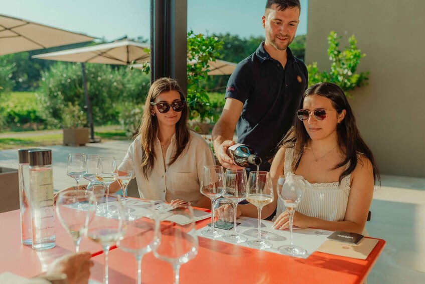 A group of people at an outdoor dining table with multiple wine glasses and a bottle being poured. 3