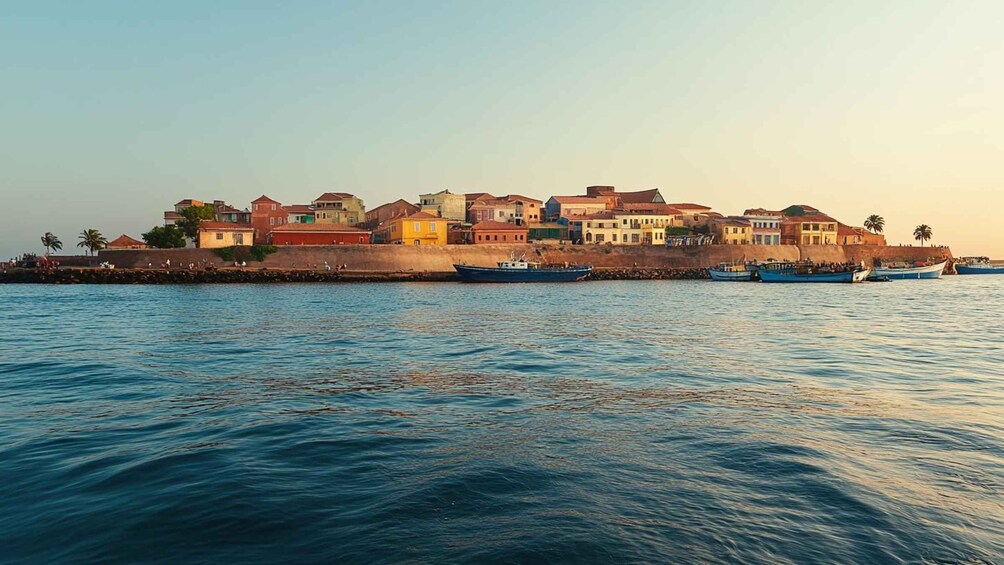 A coastal town with colorful buildings and boats docked along the waterfront. 4