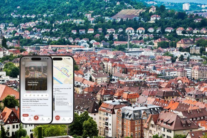 A smartphone displaying a map with a location pin, a cityscape with red-roofed buildings, and a sign with text. 1