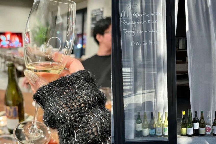 A person holding a wine glass, a refrigerator with wine bottles, and a menu with Japanese wine options. 4