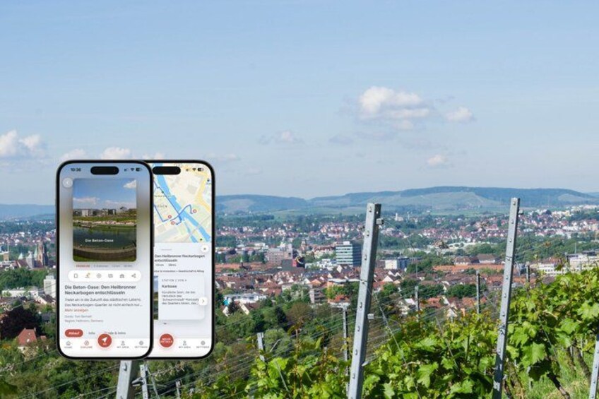 A smartphone displaying a map and a scenic view of a town with a hill in the foreground. 1