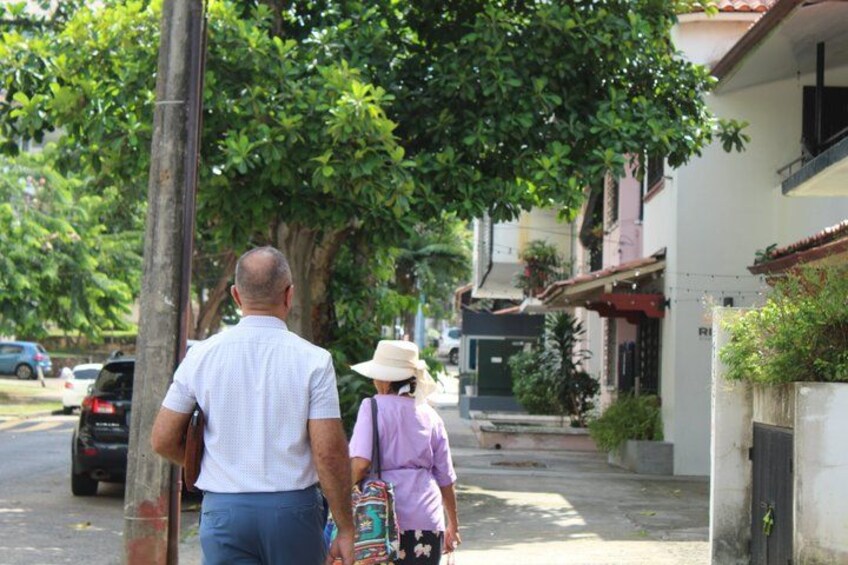 A man and a woman walking down a tree-lined street, with houses on one side and parked cars on the other. 2