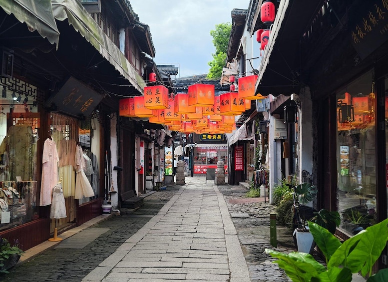 Una calle estrecha con edificios tradicionales, faroles colgantes y plantas en macetas. 3