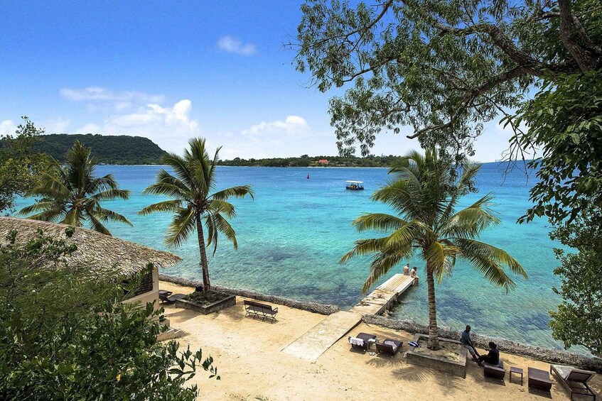 Une plage tropicale avec une eau turquoise et limpide, des palmiers et une île qui se dessine à l’horizon. 4
