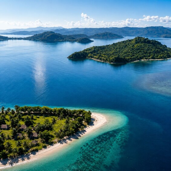 A tropical island with clear turquoise waters, lush greenery, and a small beach with palm trees. 3