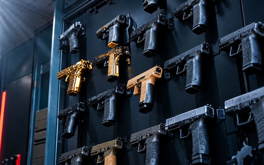 A wall of various firearms, including handguns and rifles, displayed in an organized manner. 3
