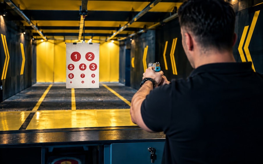 A person aiming a handgun at a target with numbers. 1