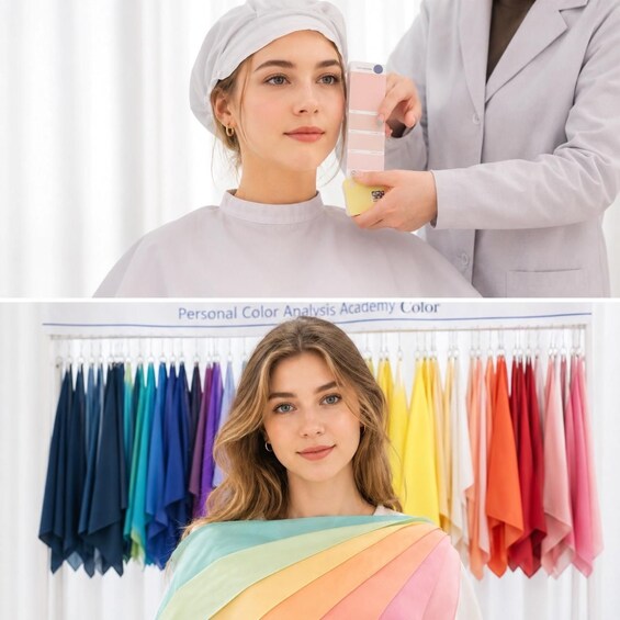 Iemand laat een kleuranalyse uitvoeren met een kleurenkaart en een stof met regenboogkleuren. 1