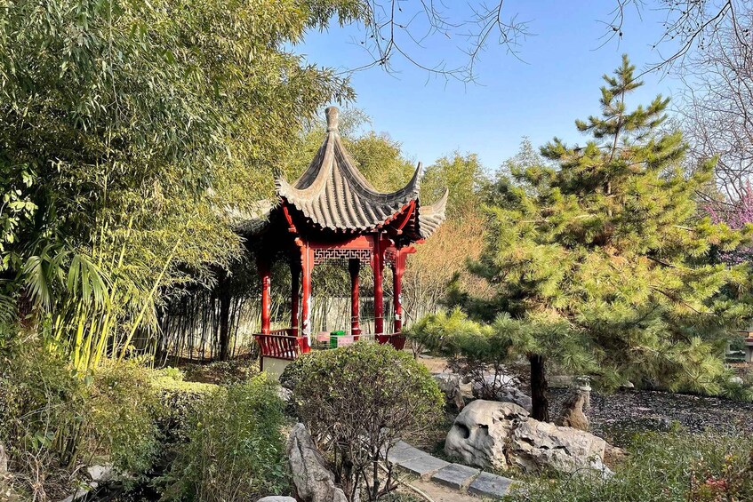 A traditional Chinese pavilion surrounded by bamboo and pine trees. 4
