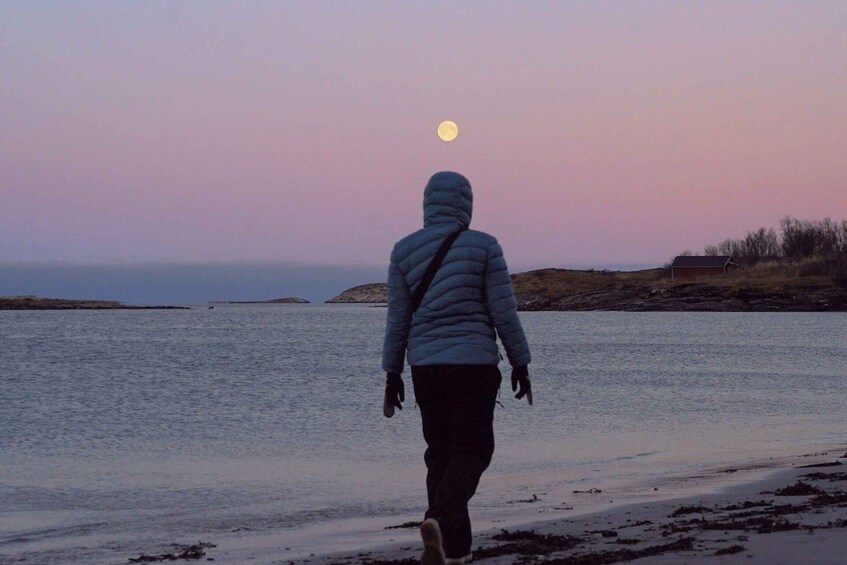 Une personne se promenant sur une plage au coucher du soleil. 2
