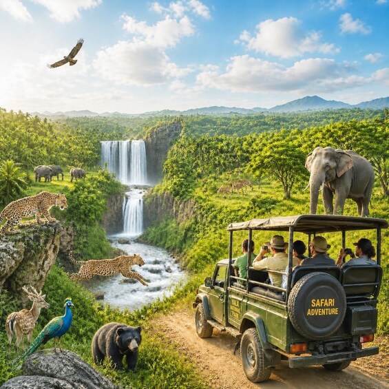 A safari adventure with a jeep, wildlife including elephants, giraffes, and a leopard, a waterfall, and a peacock. 1