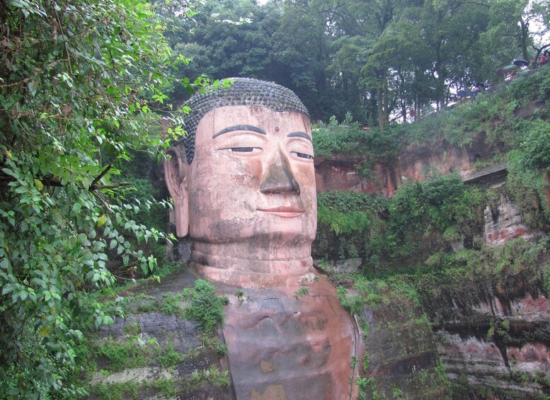 A large Buddha statue surrounded by lush greenery and rocky terrain. 4