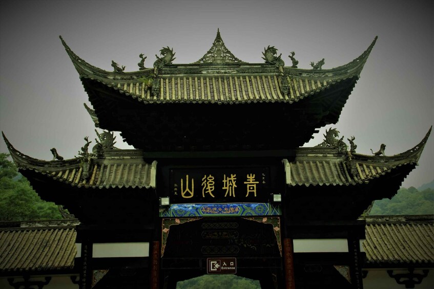 A traditional Chinese gate with ornate decorations and a sign with Chinese characters. 3