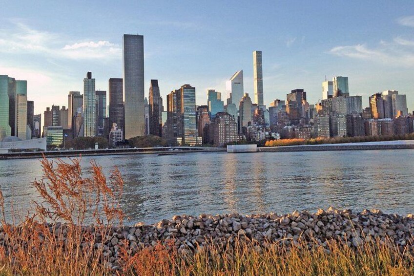 A city skyline with modern skyscrapers, a body of water, and a rocky shoreline with vegetation. 2