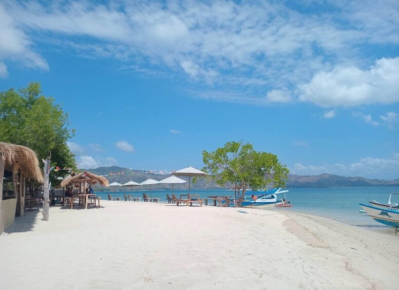 Een strand met rieten hutten, parasols en boten. 4