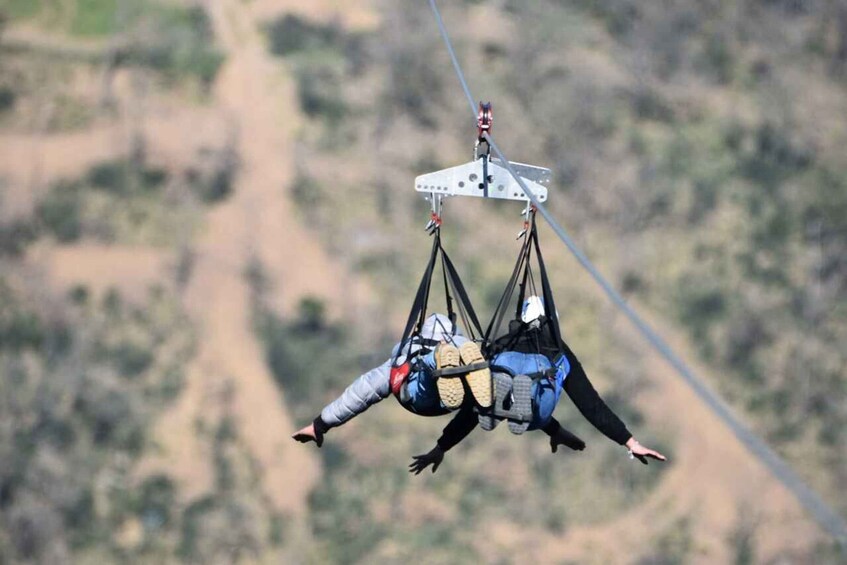 A person skydiving with a parachute and a harness. 3