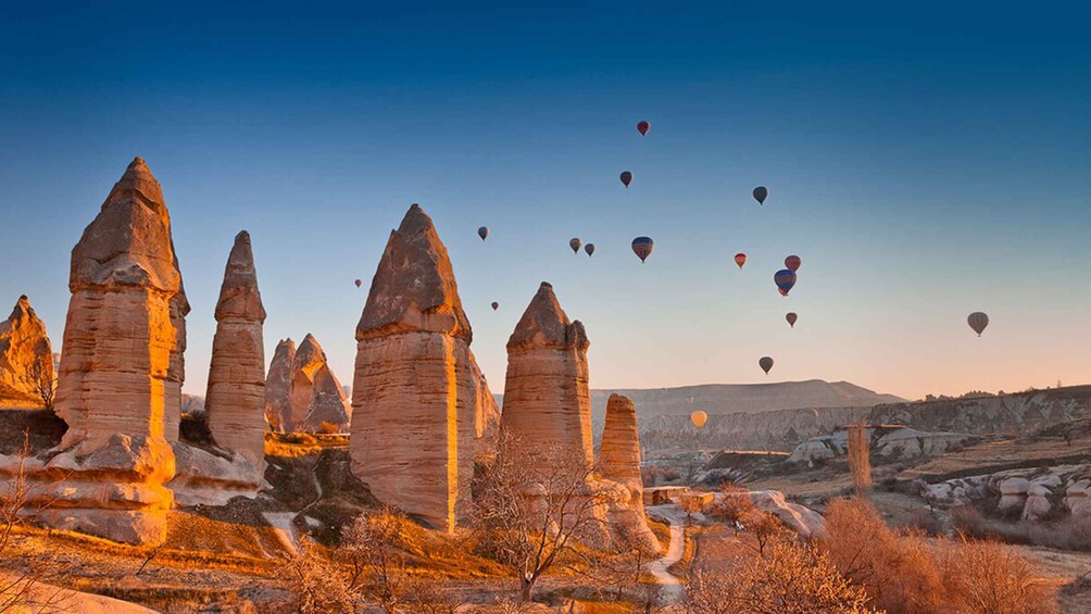 Eine Landschaft mit hohen Felsformationen und Heißluftballons am Himmel. 3