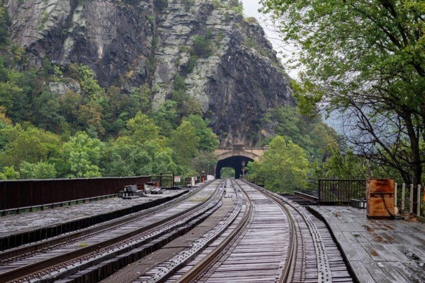 A railway track curving through a forested area with a rocky cliff in the background. 2