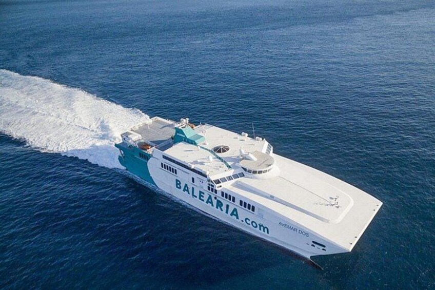 A white yacht with 'BALEARIA' and 'AVEMAR DOS' on its side, sailing on blue water. 1