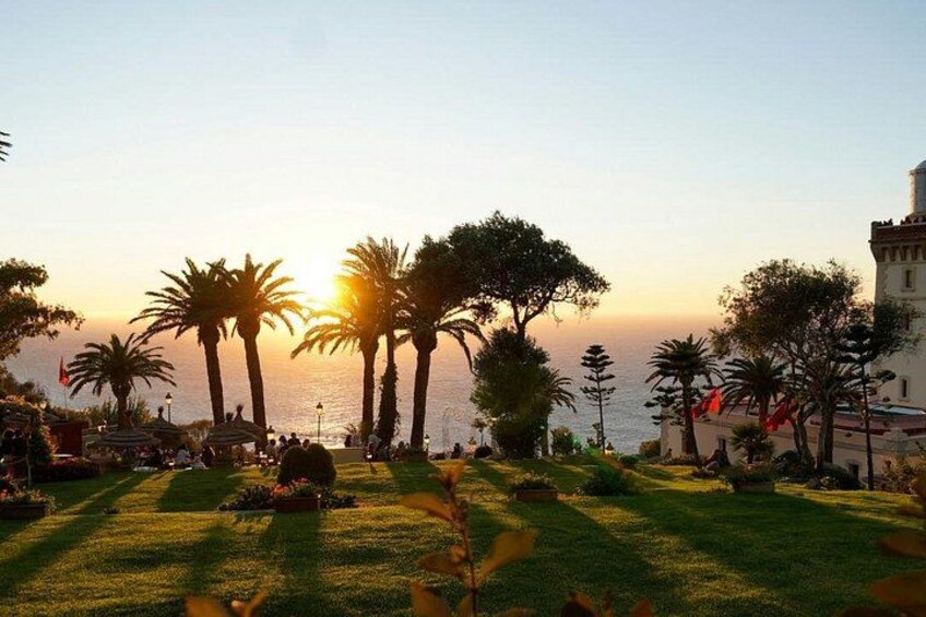 A sunset view with palm trees, a grassy area, and a building with a tower. 3
