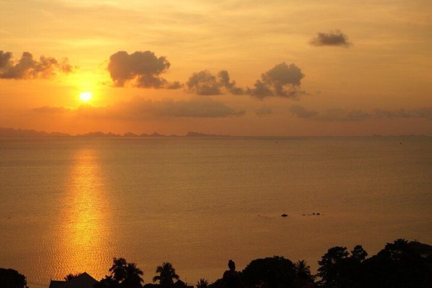 A sunset over a calm sea with silhouettes of palm trees and a distant shoreline. 4