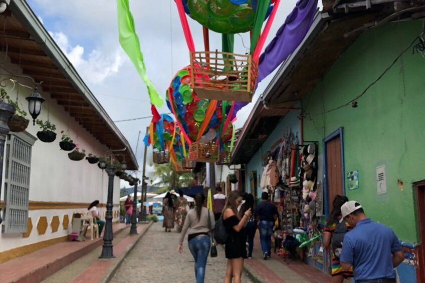 A narrow street with colorful decorations, shops, and hanging plants. 2