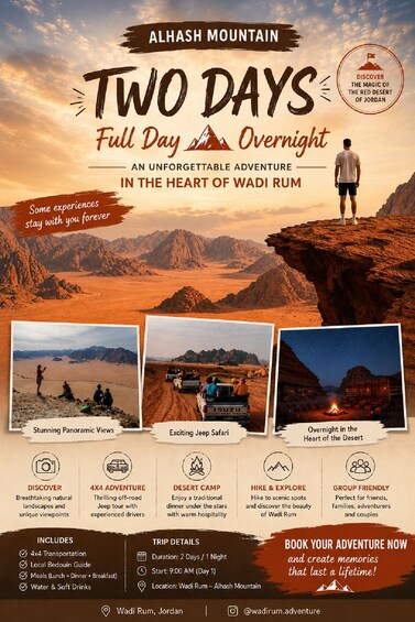 En rejseplakat for et to-dages eventyr i Wadi Rum, med ørkenlandskaber, jeep-safarier og en ørnelejr. 1