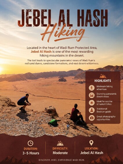 En vandresti i Jebel Al Hash med panoramaudsigt over ørkenen, moderat sværhedsgrad og en varighed på 3-5 timer. 3