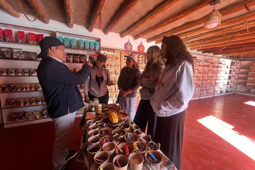 A group of people at a store with shelves of products and a table with various items. 5