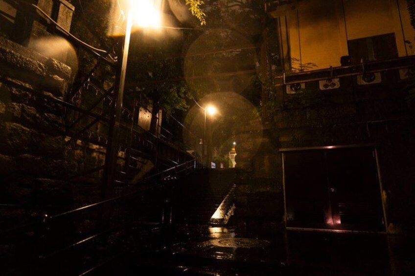 A dimly lit stone staircase leading up to a building entrance, with a street lamp and a small fountain. 4