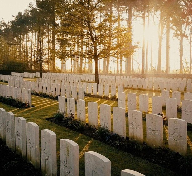 A cemetery with rows of white headstones, trees, and a sunset in the background. 1